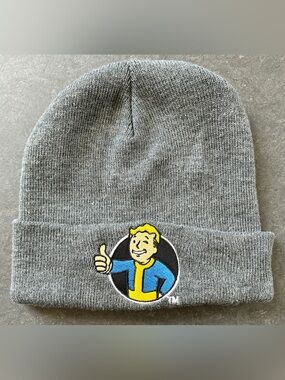 Vault Boy Embroidered Gray Knit Beanie Hat